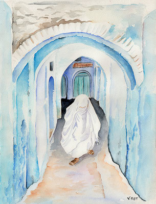 tableau aquarelle peinture femme voilee Maroc