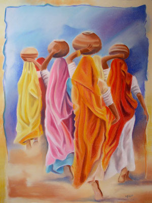 Tableau peinture pastel sec Inde femmes Rajasthan