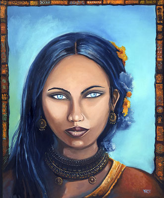 artiste peintre tableau huile sur toile portrait femme Inde