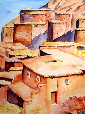 artiste peintre tableau aquarelle voyage maroc village atlas