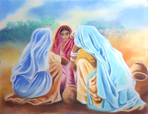 peinture pastel sec  femmes du Rajasthan cruches d'eau