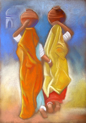 Tableau peinture pastel sec Inde femmes saris Rajasthan
