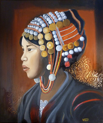 Tableau peinture huile sur toile  portrait femme akha Asie Laos