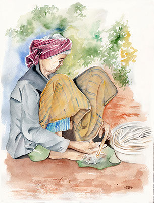 Tableau aquarelle femmes au marché Asie Cambodge