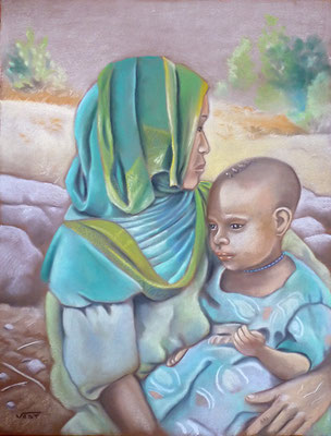 SIMIEN -pastel 50X65 - Ethiopie: femme et son enfant dans le massif du Simien