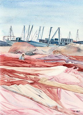 tableau aquarelle peinture port Essaouira  Maroc
