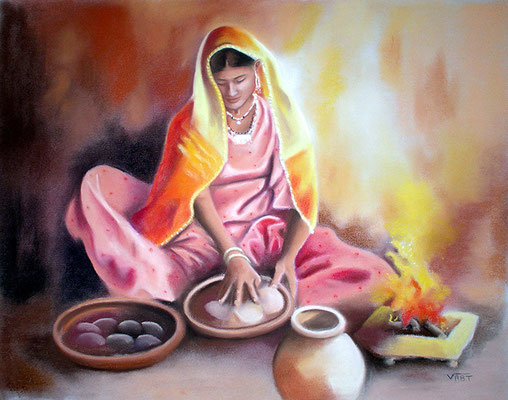 Tableau peinture pastel sec Inde femme à la cuisine