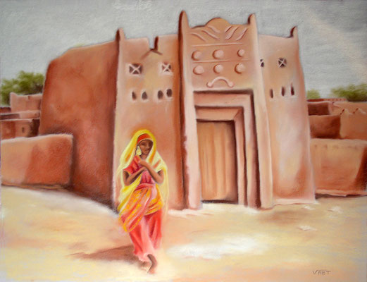 artiste peintre tableau pastel sec Niger voyage mosquée