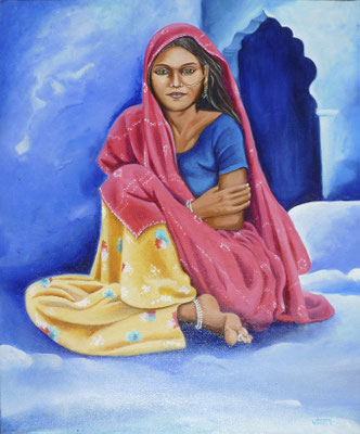 artiste peintre tableau huile sur toile portrait femme Inde