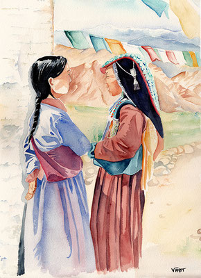 Tableau peinture aquarelle Inde Ladakh femmes