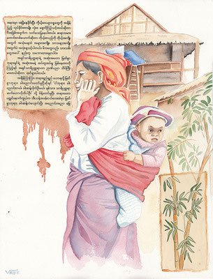 Tableau aquarelle femme enfant Asie Birmanie