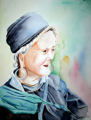 Tableau aquarelle vieille femme  Asie Vietnam