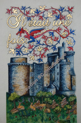 Miniature Christine de Pizan devant le château de Bonaguil. Création SC-enluminure. Sandra Clerbois