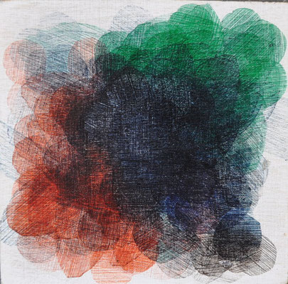 Maruska Mazza, "parte II trittico multicolore", pen on the wood, 10X10 cm