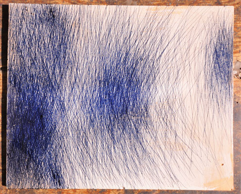 Maruska Mazza, "composizione in blù", pen on the wood, 25X25 cm