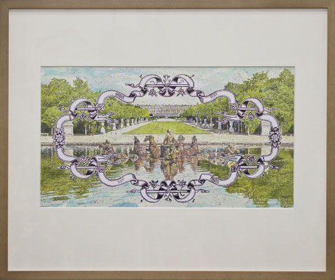 Palace of Versailles, decorative frame and glitter 41.6×49.5cm (16.37×19.48inches) (Framed) Acrylic and glitter on Paper 