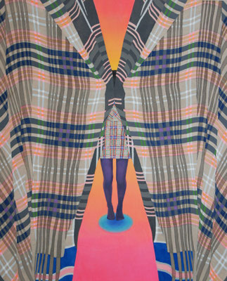 チェック　　アクリル・綿布・パネル 　803 x 652mm / Checked   Acrylic,cotton and panel