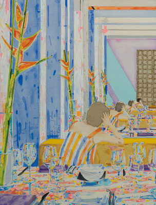 レストランの　　　アクリル・油彩・綿布・パネル   500×652 / At the Restrant    Acrylic,Oil,cotton and panel