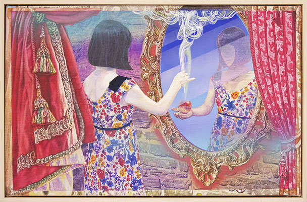 Mirror, mirror on the wall, please tell me who am I... Series of Fairy Tale 29×45.5cm(11.5×18in)  Acrylic on Cotton / Wood, Plexiglass-mirror, Metallic-chain