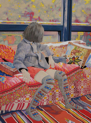 窓辺のソファーの　　　アクリル・油彩・綿布・パネル   455×606 / The sofa near the window   Acrylic,cotton and panel