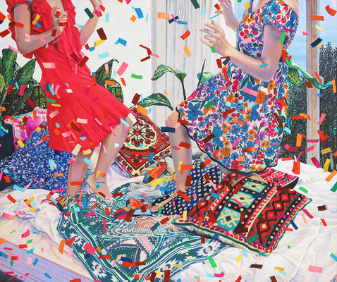 Party on My Bed   38.0 x 45.5cm Acrylic on cotton cloth