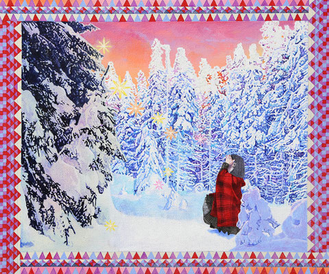 Greeting Card from the Snowing Forest  38.0 x 45.5cm　Acrylic on cotton cloth 