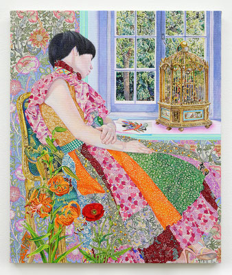 "In the birdcage" Acrylic on raw canvas and panel 45.5 x 38.0 cm.
