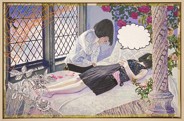 Let me tell you something...Series of Fairy Tale  29×45.5cm(11.5×18in)  Acrylic on Cotton / Wood, Plexiglass-mirror, Metallic-chain