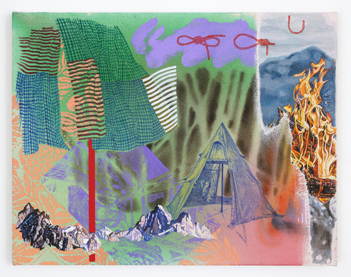 "A Plan −to the mountain"  Acrylic on raw canvas and panel 31.8 x 41.0 cm.