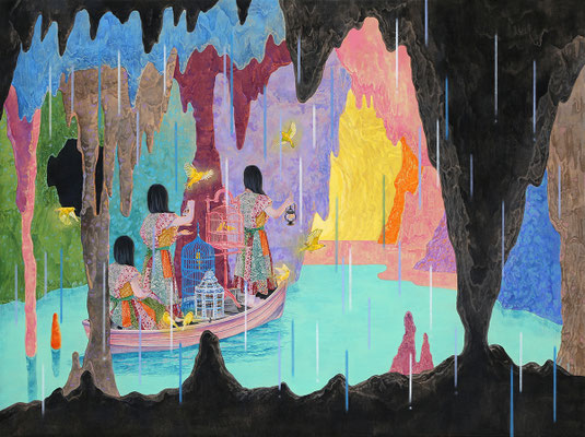 "Canary Cave" Acrylic on raw canvas 38.2 × 51.3 inches/97.0 x 130.3 cm