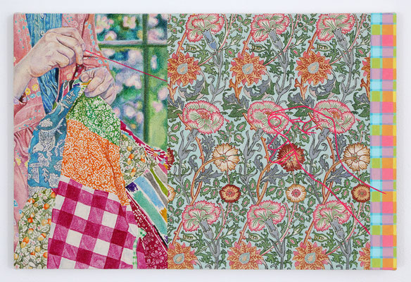 "Tied"  Acrylic on raw canvas and panel 27.3 x 41.0 cm.