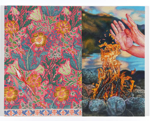 Flower Pattern, Fire and Hands #2  Acrylic on raw canvas 31.8 x 41.0 cm  12.5 x 16.1 inch