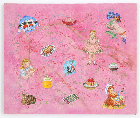 "The things that made me excited or mad"  Acrylic on raw canvas and panel 38.0 x 45.5 cm.