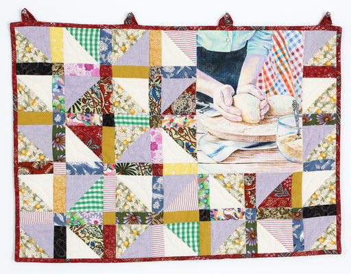 "Patchwork −Hands, Baking" Acrylic and cloth 66.5 x 46.0 cm.
