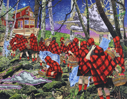"The Girls Are Walking to the House with the Wolves" 91.0 x 116.7cm Acrylic on cotton 