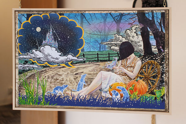 I want to stay in my dream... Series of Fairy Tale (Front) 29×45.5cm(11.5×18in)  Acrylic on Cotton / Wood, Plexiglass-mirror, Metallic-chain