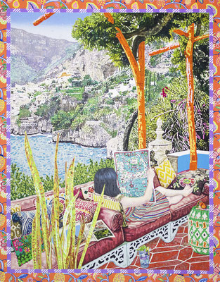Greeting Card from Somewhere Else, 50.8×40cm (20×15.5in) Acrylic on Cotton Commission work for Airbnb Magazine