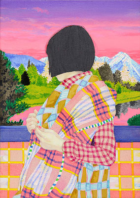 なに着て行こう　　アクリル・綿布・パネル 　260 x 180 mm / Which cloth will I wear today   Acrylic,cotton and panel