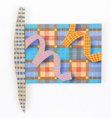 "Check−Ribbon" Acrylic on raw canvas and panel, ceramics 25.5 x 21.0 cm.