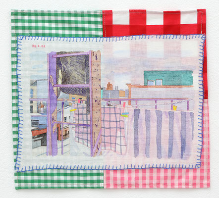  one day '20.4.02  Acrylic on cloth 26.4 x 29.0 cm  10.3 x 11.4 inch