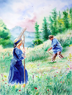 Fenaison d'antan, vallée de Mandaille Puy Mary: 40 cm x 30 cm