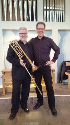 Thomas Lindt und Guido Harzen nach einem Konzert mit Orgel + Posaune und Alphorn 2017 in Neuss