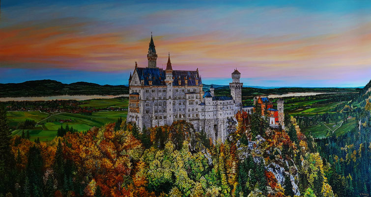 "Neuschwanstein castle" Oil painting on canvas, Size 59"x32" (150cm x 80 cm) Victoria Kolomy