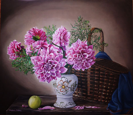 "Still life with dahlias" Oil painting on canvas, Size 24"x27.5" (60cm x 70 cm) Victoria Kolomy Photo reference with permission Irina Prikhodko
