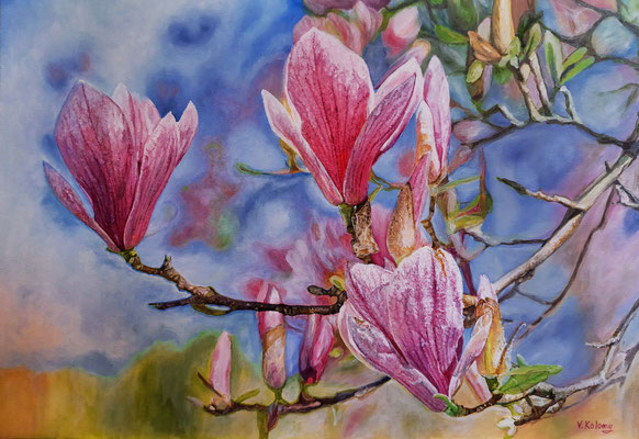 "Magnolia" Oil painting on canvas, Size 25.6"x17.7" (65cm x 45 cm) Victoria Kolomy