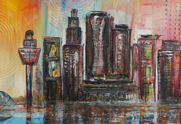 Singapur - Städtebild Gemälde Stadtbilder Malerei Skyline modernes Acrylbild