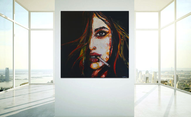 Smoking Menschen Frau Gesicht Malerei Acrylbild GEmälde Unikat handgemaltes Leinwandbild 100x100