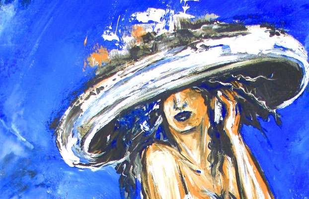 Telefonat - Frau mit Hut, Figürliche Malerei Blau aus