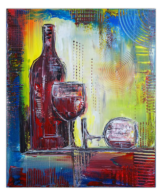 Weingläser Flasche abstrakte Malerei Rotwein Gläser Acrylbild Wandbild