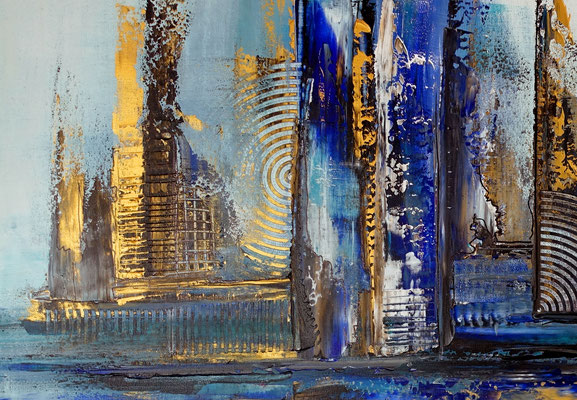 Hafenstadt abstrakte Malerei blau gold Wandbild Acrylbild Künstler Bild handgemalt